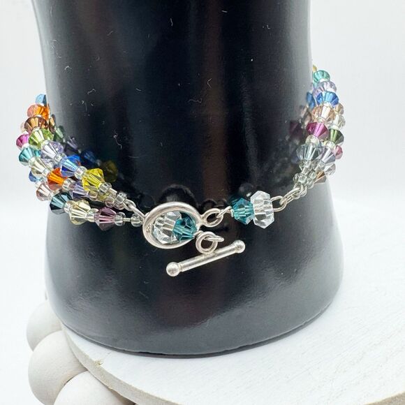 Colorful Rainbow Bicone Crystal Bead Triple Strand Bracelet Sterling Silver - Picture 5 of 8